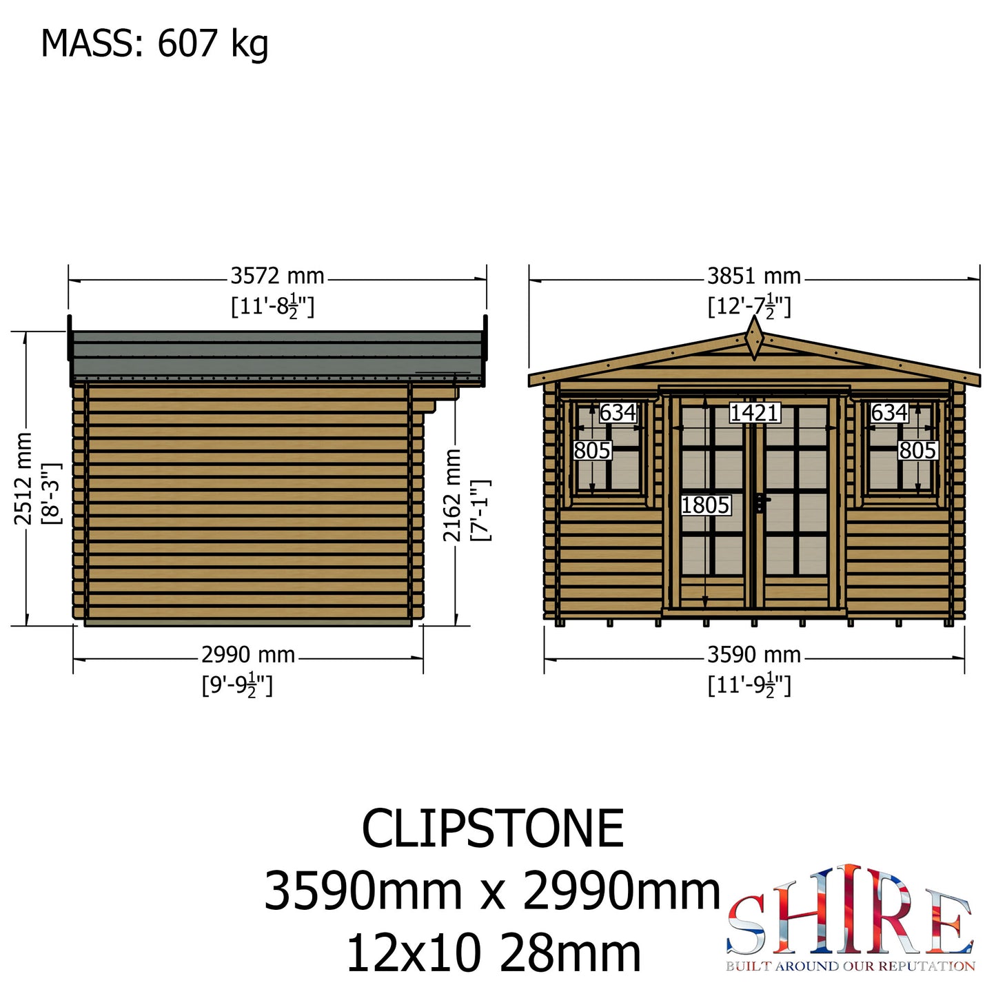 Shire Clipstone 12x10 Log Cabin (28mm - 70mm Logs)