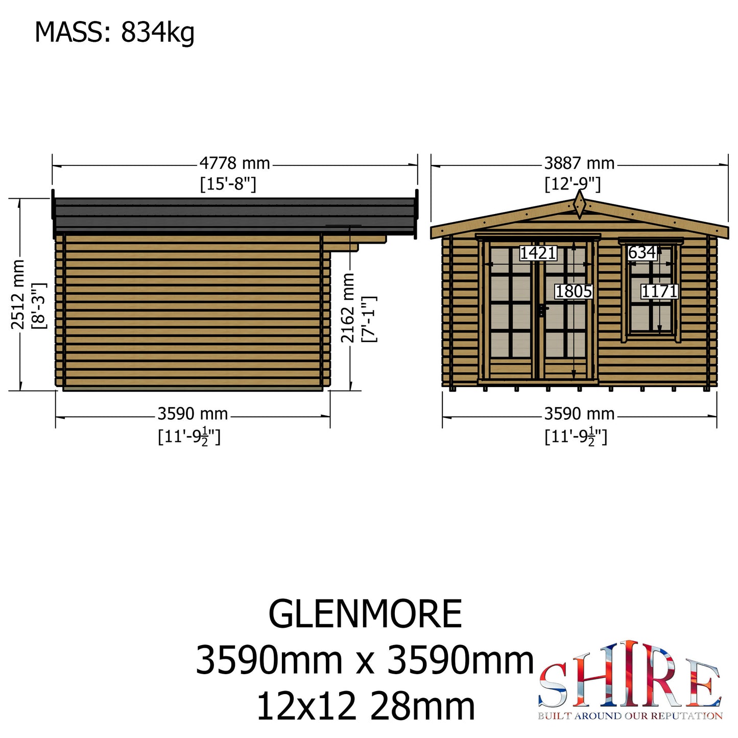Shire Glenmore 12x12 Log Cabin (28mm - 70mm Logs)