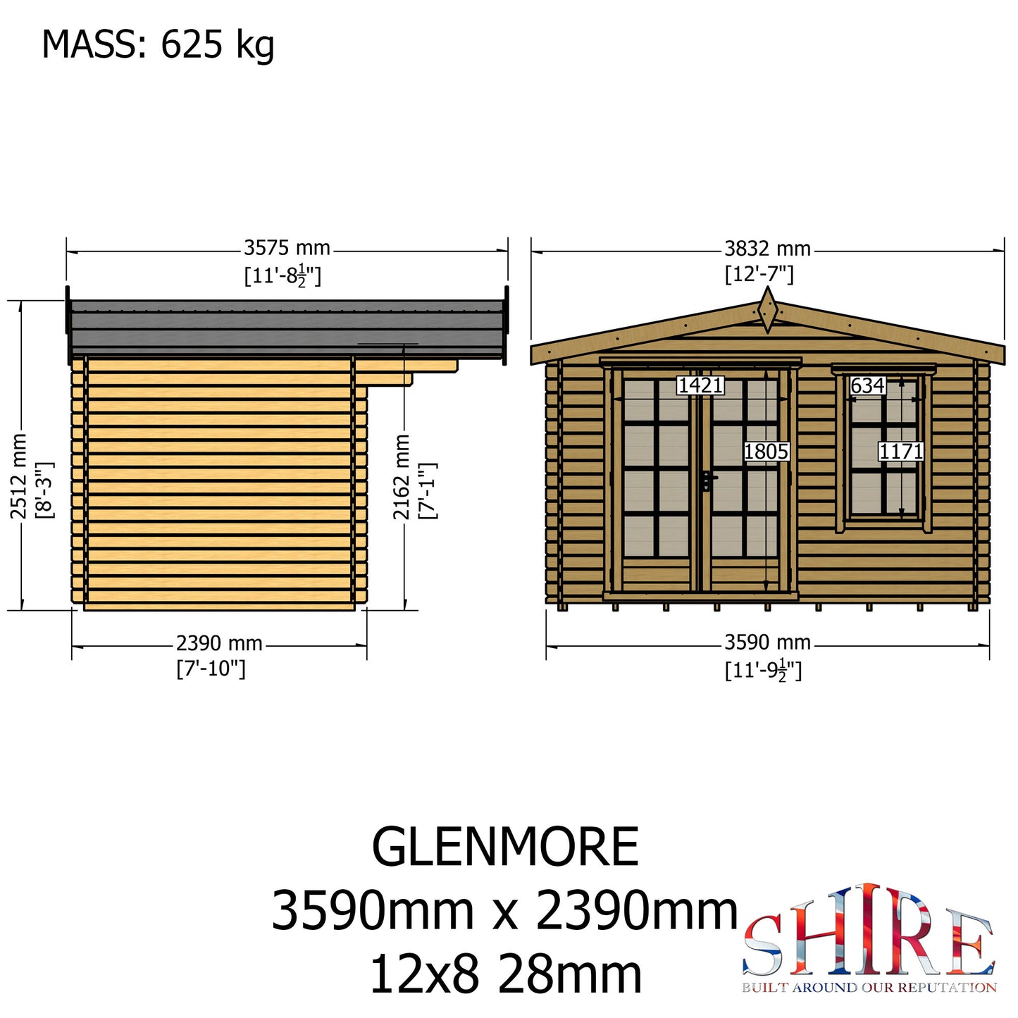 Shire Glenmore 12Gx8 Log Cabin (28mm to 70mm Log)