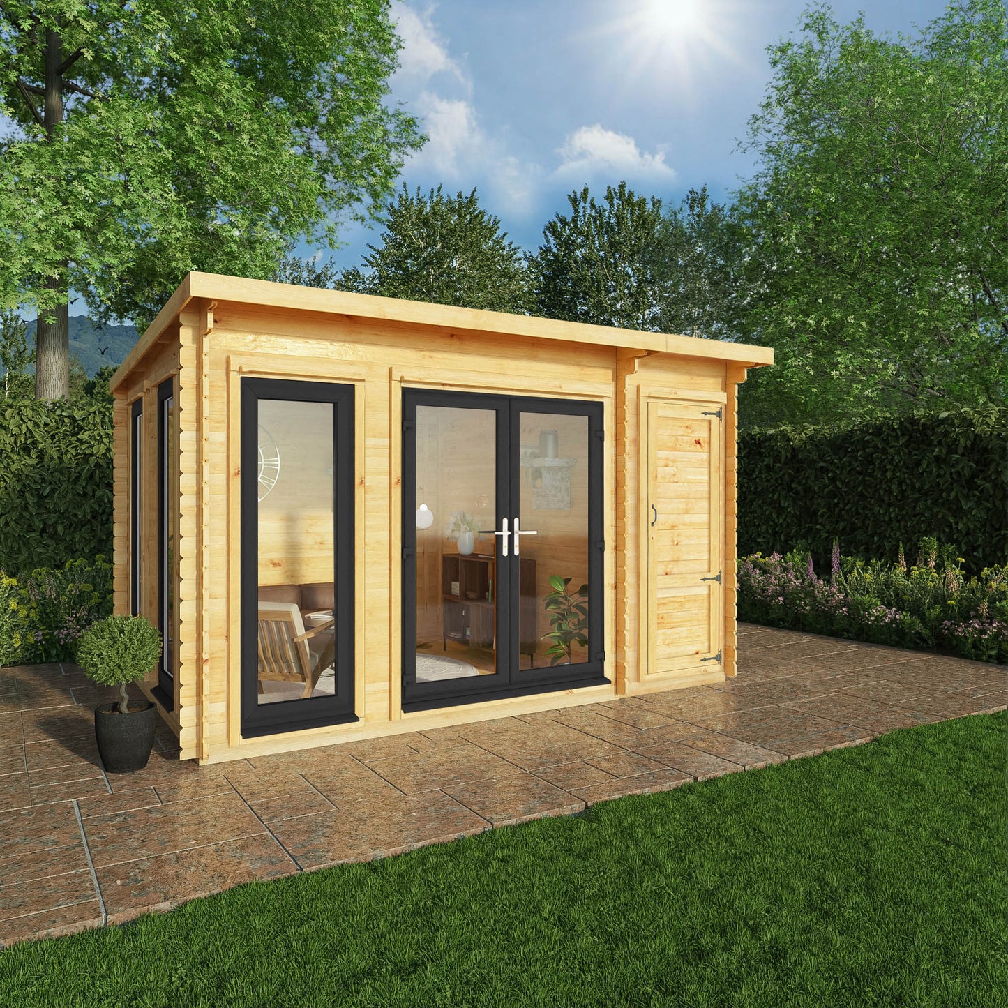 Mercia 4.1m x 3m Studio Pent Log Cabin With Side Shed - 44mm (UPVC Windows & Door) - Grey