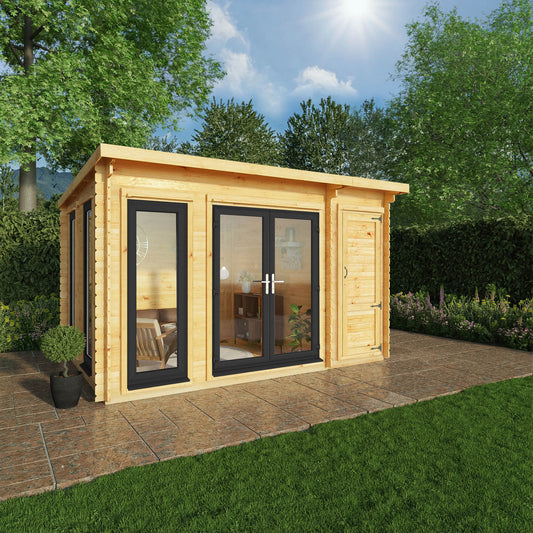 Mercia 4.1m x 3m Studio Pent Log Cabin With Side Shed - 44mm  (UPVC Windows & Door) - Grey