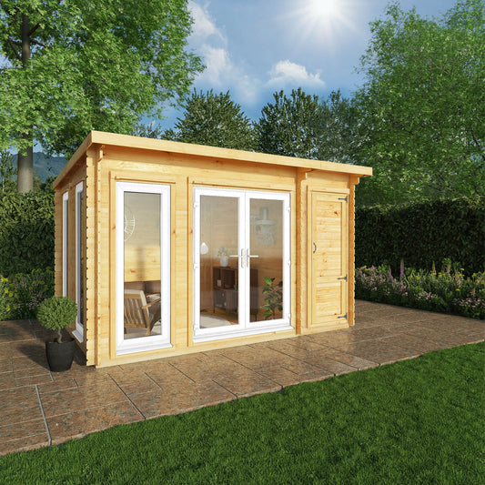 Mercia 4.1m x 3m Studio Pent Log Cabin With Side Shed - 44mm  (UPVC Windows & Door) - White