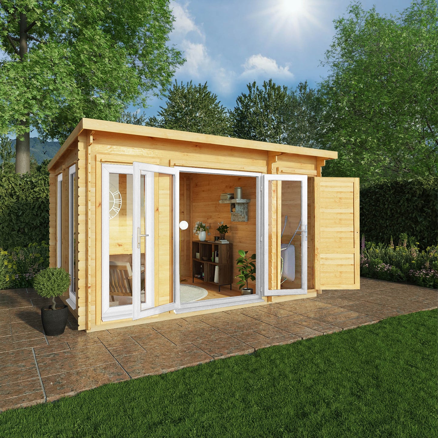 Mercia 4.1m x 3m Studio Pent Log Cabin With Side Shed - 44mm (UPVC Windows & Door) - White