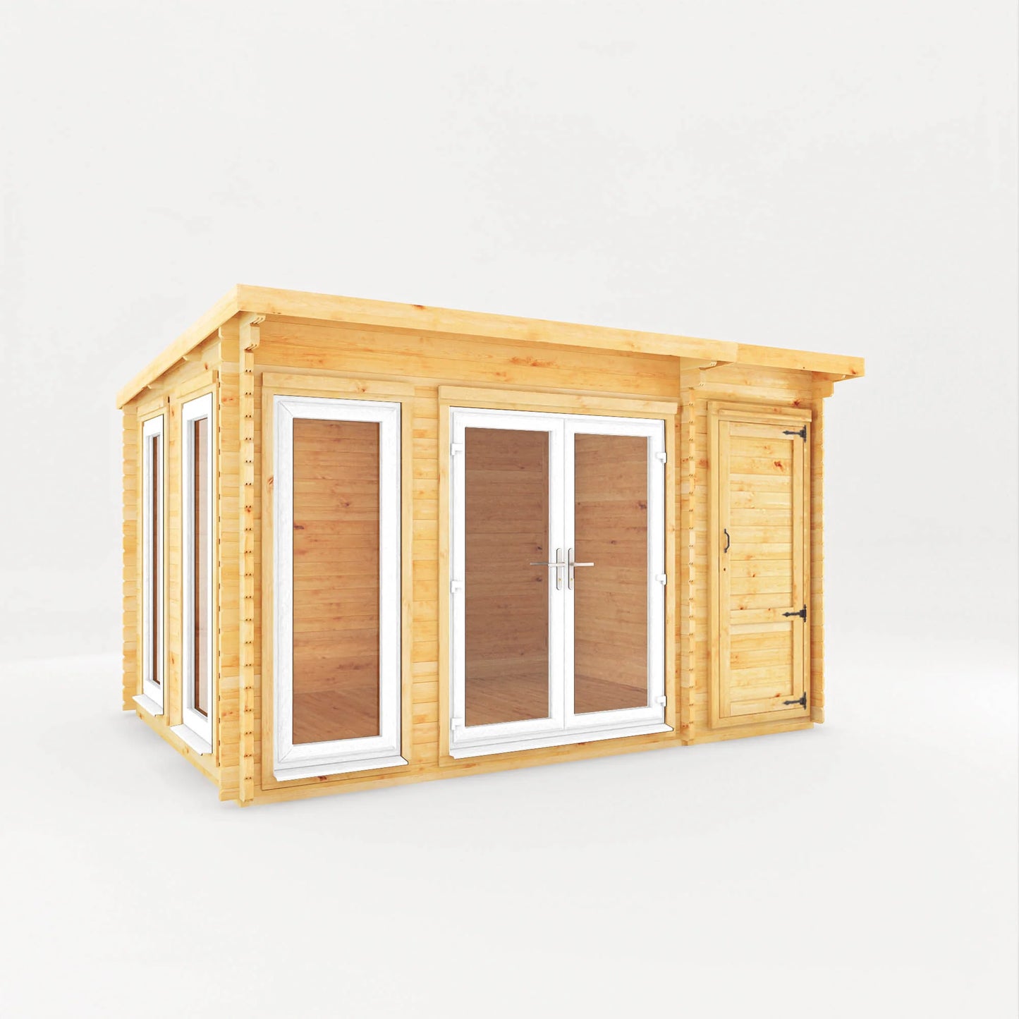 Mercia 4.1m x 3m Studio Pent Log Cabin With Side Shed - 44mm (UPVC Windows & Door) - White