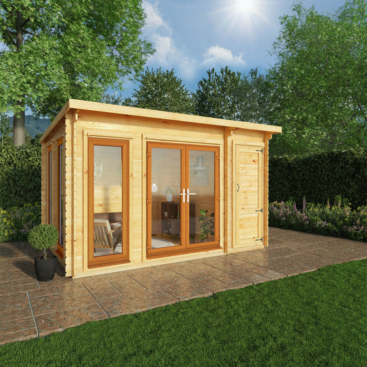 Mercia 4.1m x 3m Studio Pent Log Cabin With Side Shed - 44mm  (UPVC Windows & Door) - Oak