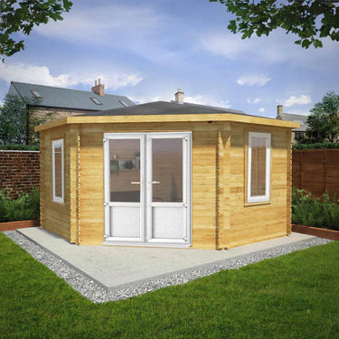 Mercia 13 x 13 Corner Cabin - 44mm (UPVC Windows & Door) - White