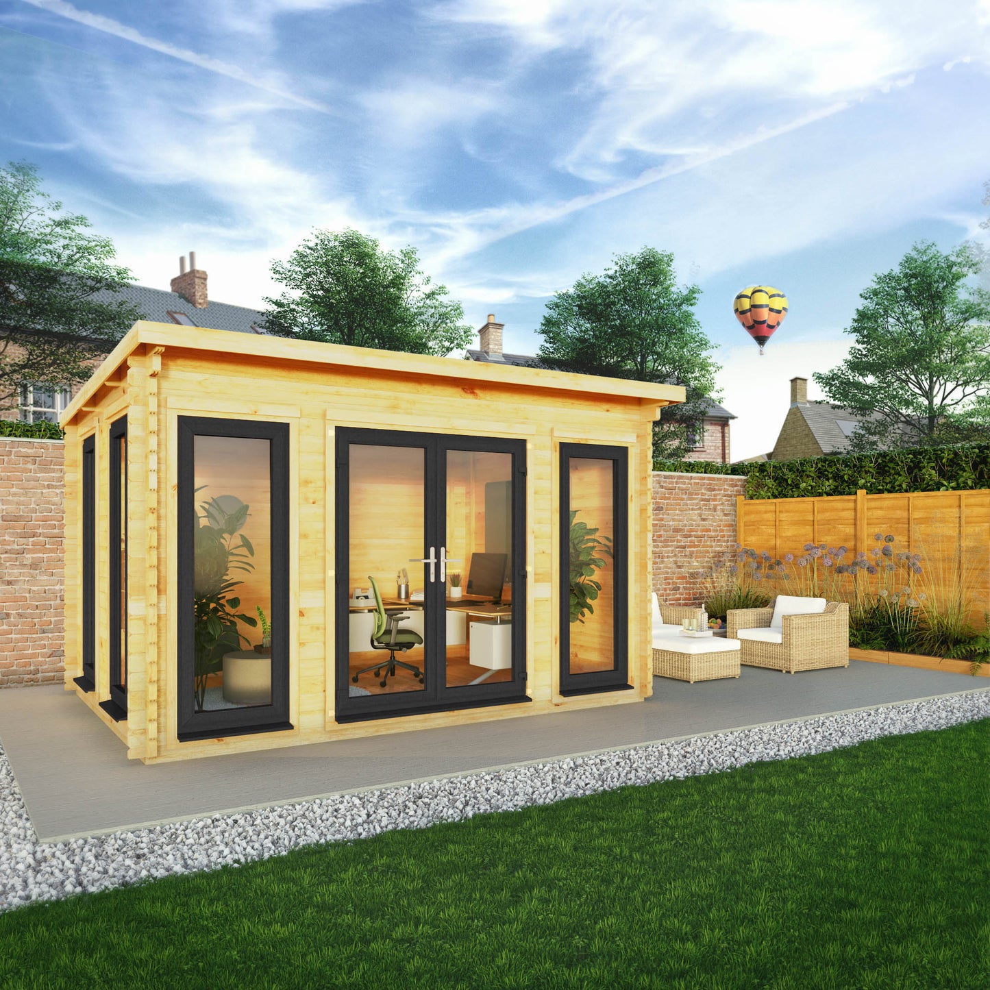 Mercia 4m x 3m Studio Pent Log Cabin - 44mm (UPVC Windows & Door) - Grey