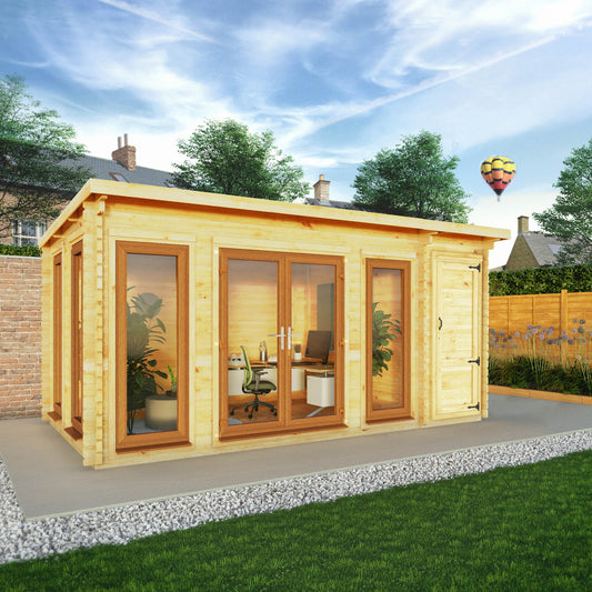 Mercia 5.1m x 3m Studio Pent Log Cabin With Side Shed - 44mm  (UPVC Windows & Door) - Oak