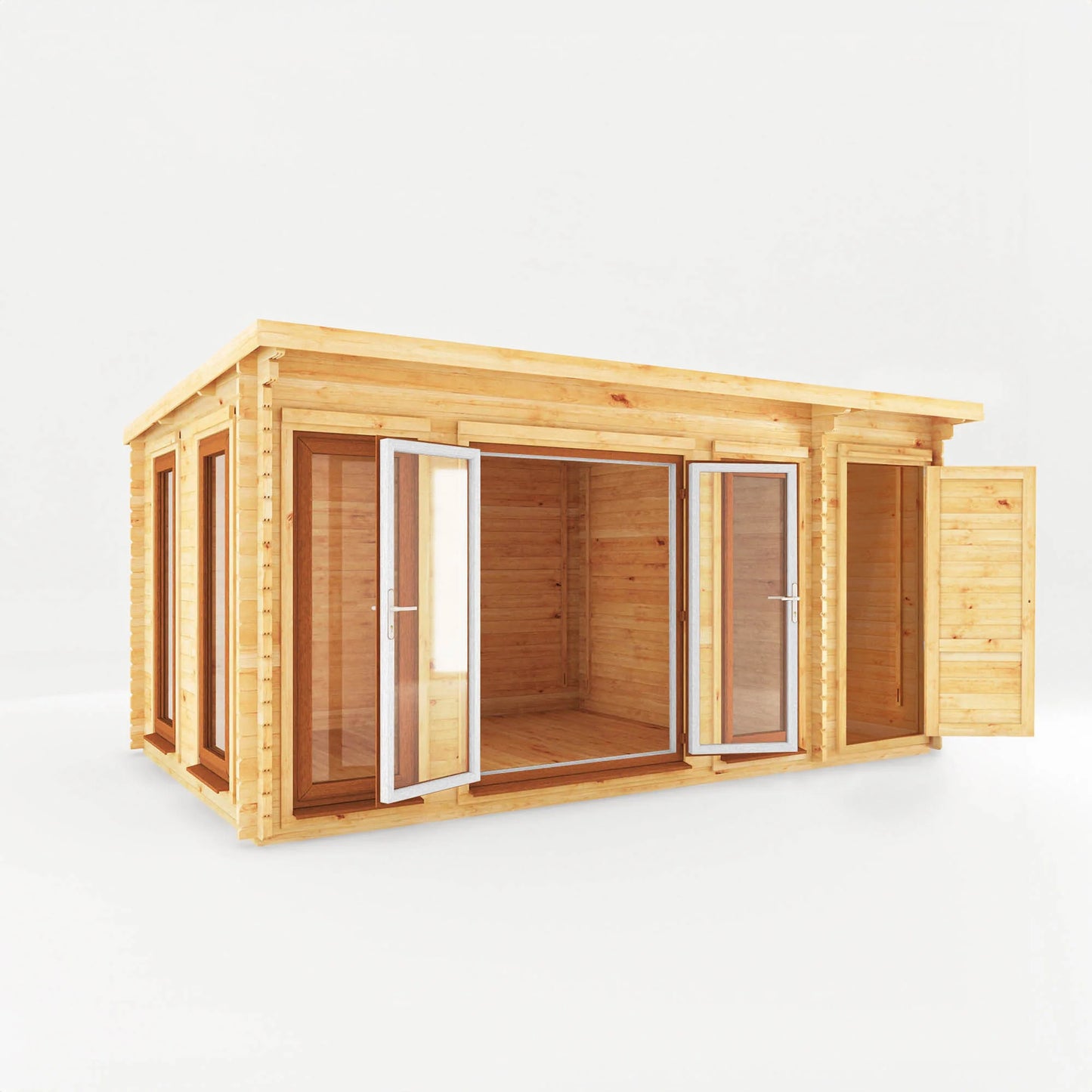 Mercia 5.1m x 3m Studio Pent Log Cabin With Side Shed - 44mm (UPVC Windows & Door) - Oak