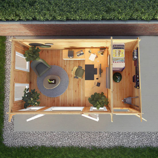 Mercia 5.1m x 3m Studio Pent Log Cabin With Side Shed - 44mm (UPVC Windows & Door) - White