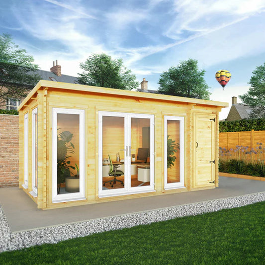 Mercia 5.1m x 3m Studio Pent Log Cabin With Side Shed - 44mm  (UPVC Windows & Door) - White