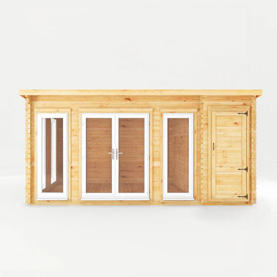 Mercia 5.1m x 3m Studio Pent Log Cabin With Side Shed - 44mm (UPVC Windows & Door) - White