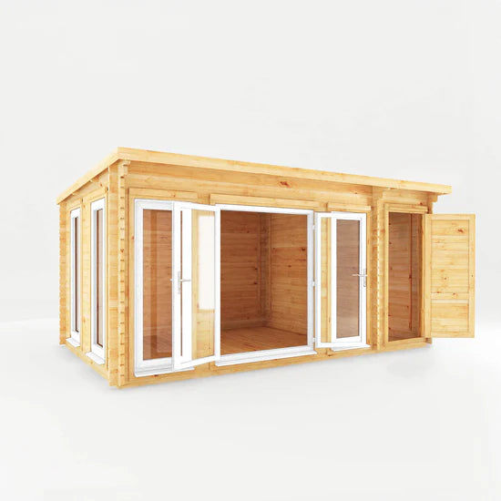Mercia 5.1m x 3m Studio Pent Log Cabin With Side Shed - 44mm (UPVC Windows & Door) - White