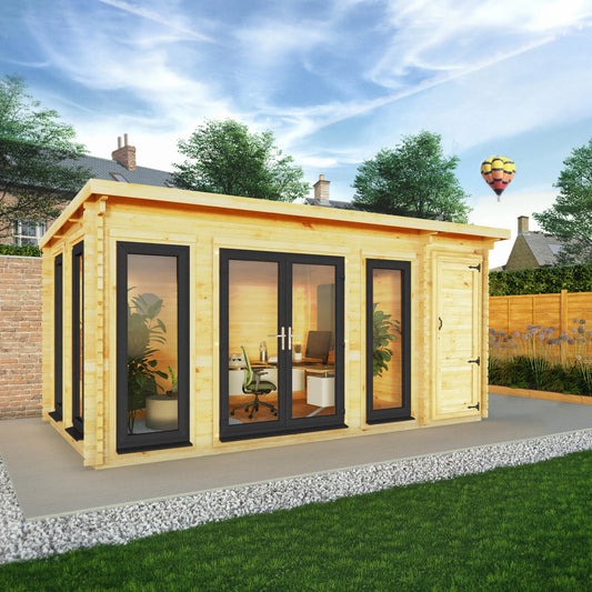 Mercia 5.1m x 3m Studio Pent Log Cabin With Side Shed - 44mm  (UPVC Windows & Door) - Grey