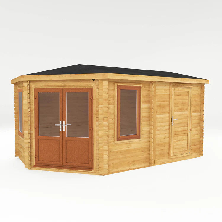Mercia 5m x 3m Corner Lodge Log Cabin With Side Shed - 44mm (UPVC Windows & Door) - Oak