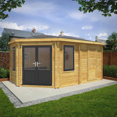 Mercia 5m x 3m Corner Lodge Log Cabin With Side Shed - 44mm (UPVC Windows & Door) - Grey
