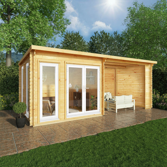 Mercia 6m x 3m Studio Pent Log Cabin With Patio Area - 44mm (UPVC Windows & Door) - White