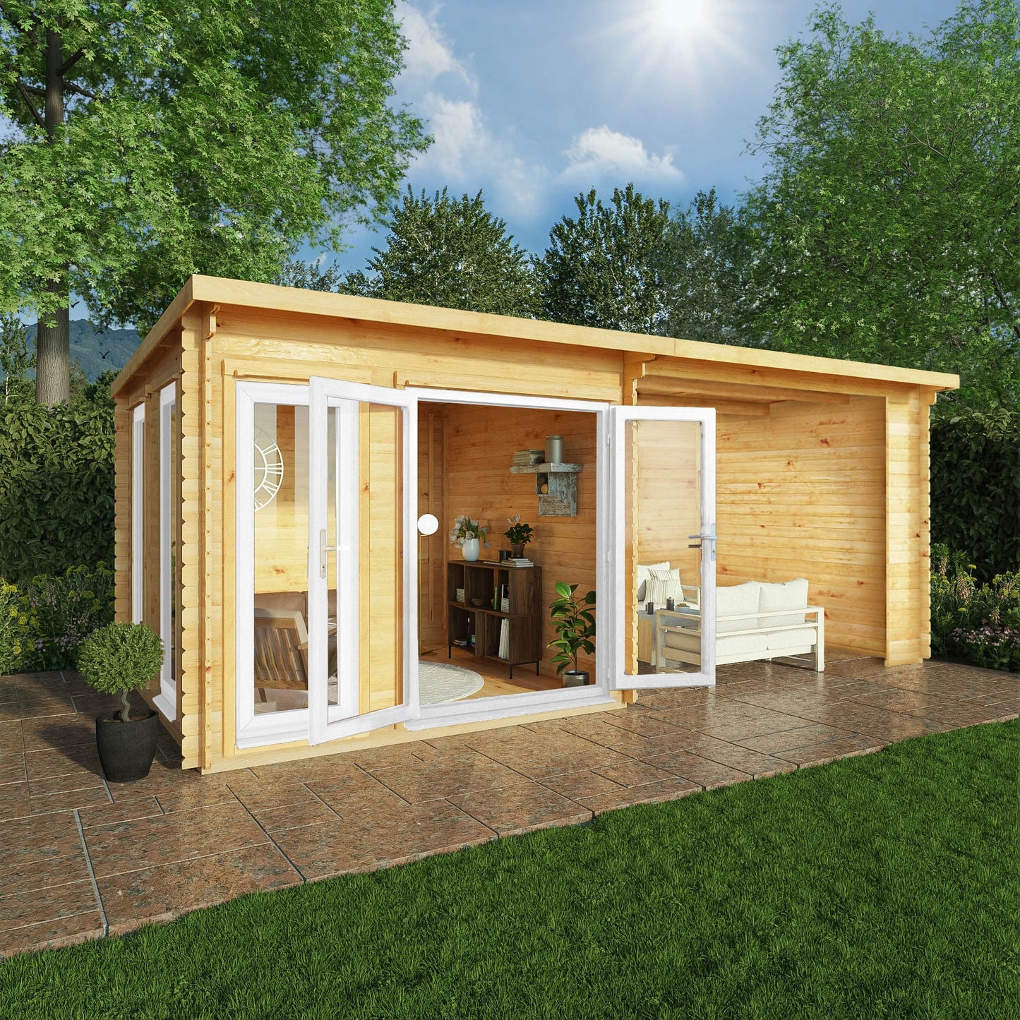 Mercia 6m x 3m Studio Pent Log Cabin With Patio Area - 44mm (UPVC Windows & Door) - White