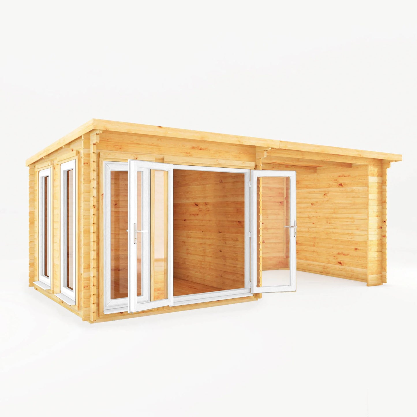 Mercia 6m x 3m Studio Pent Log Cabin With Patio Area - 44mm (UPVC Windows & Door) - White
