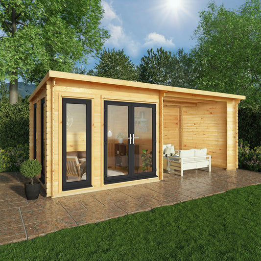 Mercia 6m x 3m Studio Pent Log Cabin With Patio Area - 44mm (UPVC Windows & Door) - Grey