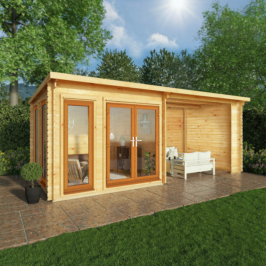 Mercia 6m x 3m Studio Pent Log Cabin With Patio Area - 44mm (UPVC Windows & Door) - Oak