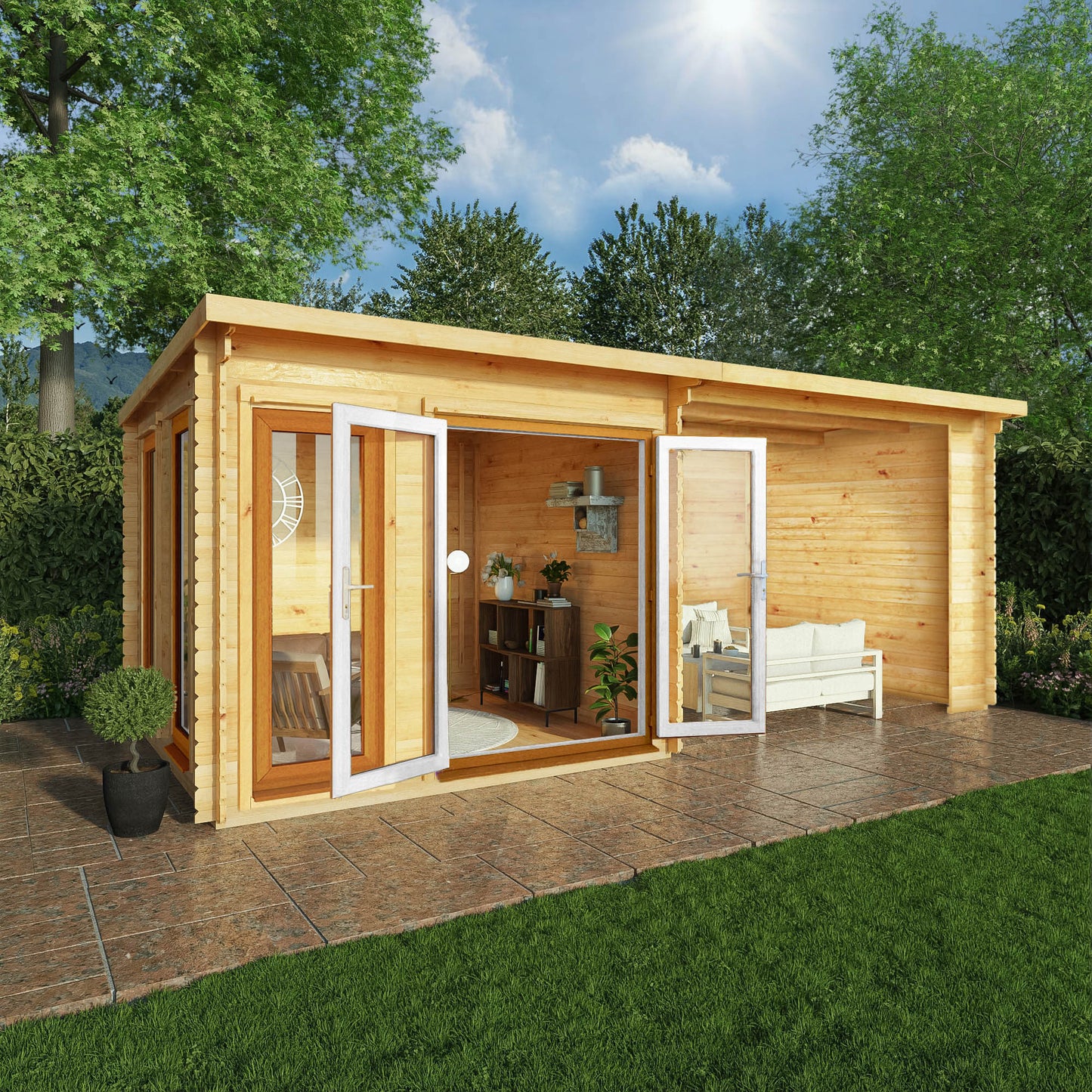 Mercia 6m x 3m Studio Pent Log Cabin With Patio Area - 44mm (UPVC Windows & Door) - Oak