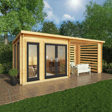 Mercia 6m x 3m Studio Pent Log Cabin With Slatted Area - 44mm (UPVC Windows & Door) - Grey