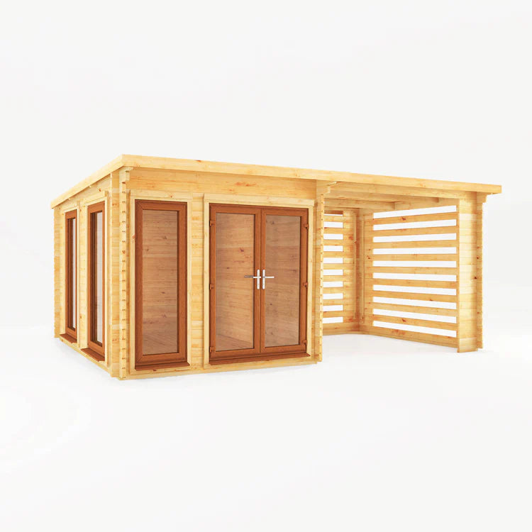 Mercia 6m x 3m Studio Pent Log Cabin With Slatted Area - 44mm (UPVC Windows & Door) - Oak