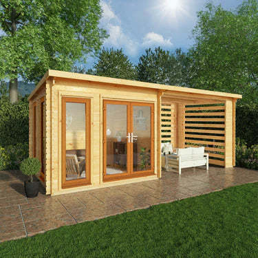 Mercia 6m x 3m Studio Pent Log Cabin With Slatted Area - 44mm (UPVC Windows & Door) - Oak