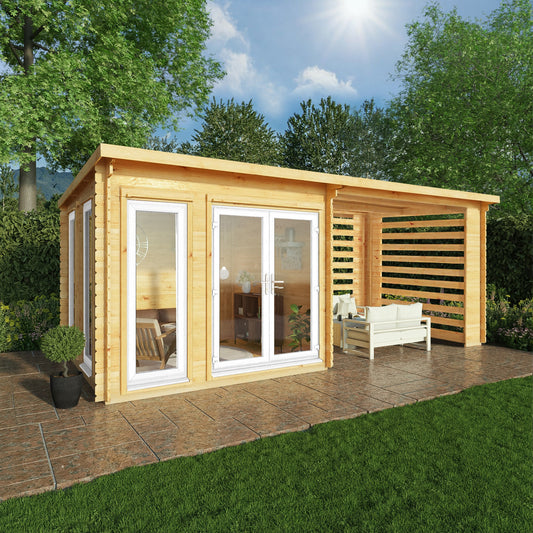Mercia 6m x 3m Studio Pent Log Cabin With Slatted Area - 44mm (UPVC Windows & Door) - White