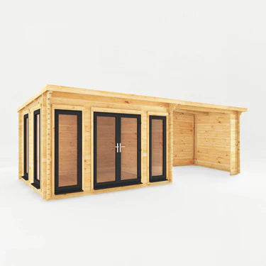 Mercia 7m x 3m Studio Pent Log Cabin With Patio Area - 44mm (UPVC Windows & Door) - Grey