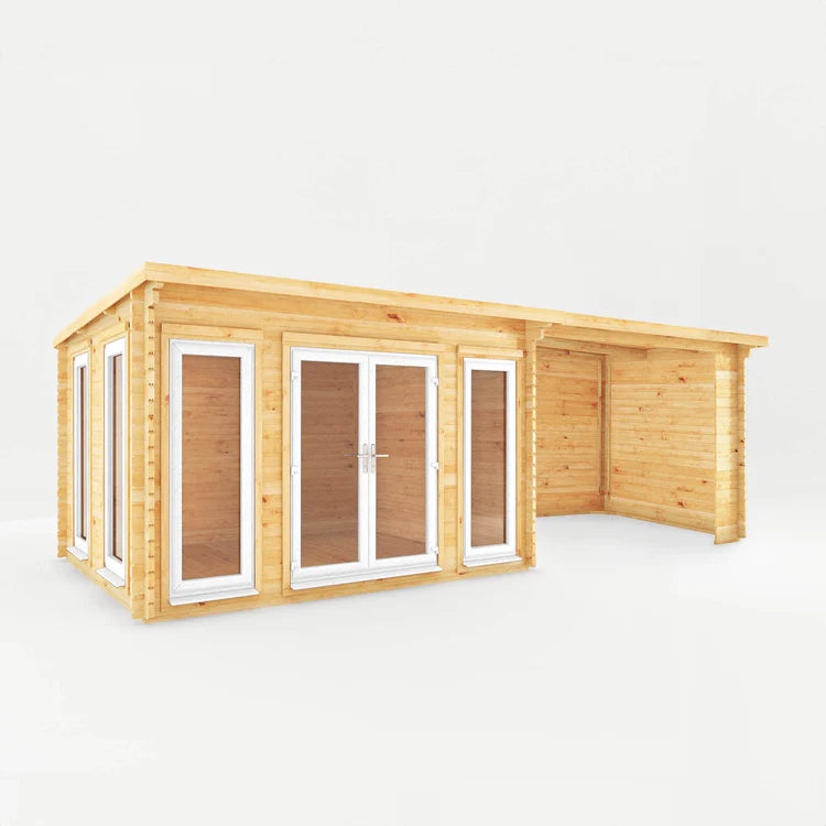 Mercia 7m x 3m Studio Pent Log Cabin With Patio Area - 44mm (UPVC Windows & Door) - White