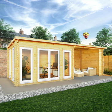 Mercia 7m x 3m Studio Pent Log Cabin With Patio Area - 44mm (UPVC Windows & Door) - White