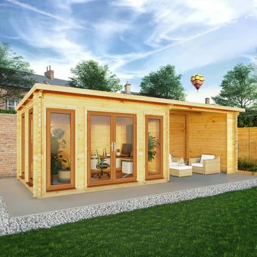Mercia 7m x 3m Studio Pent Log Cabin With Patio Area - 44mm (UPVC Windows & Door) - Oak