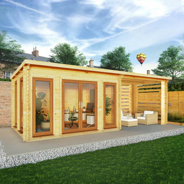 Mercia 7m x 3m Studio Pent Log Cabin With Slatted Area - 44mm (UPVC Windows & Door) - Oak