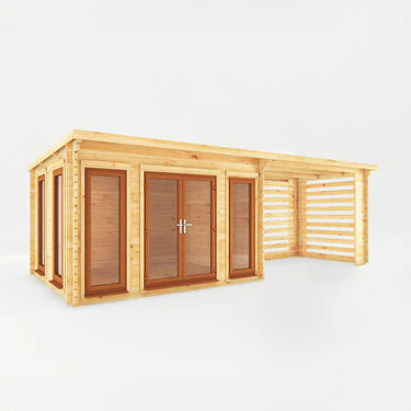 Mercia 7m x 3m Studio Pent Log Cabin With Slatted Area - 44mm (UPVC Windows & Door) - Oak