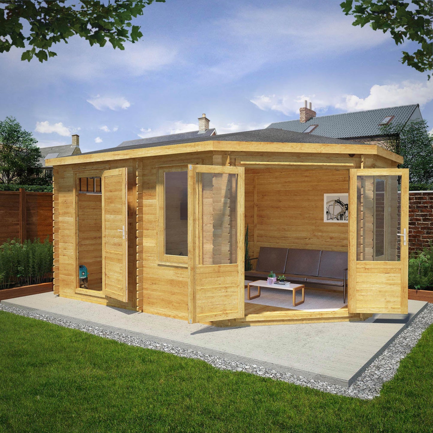 Mercia 5m x 3m Corner Lodge Log Cabin With Side Shed - (28mm - 44mm Logs)