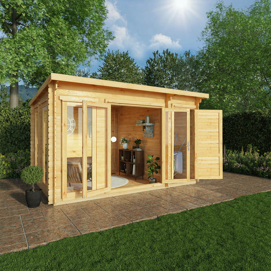 Mercia 4.1m x 3m Studio Pent Log Cabin With Side Shed - (28mm - 44mm Logs)
