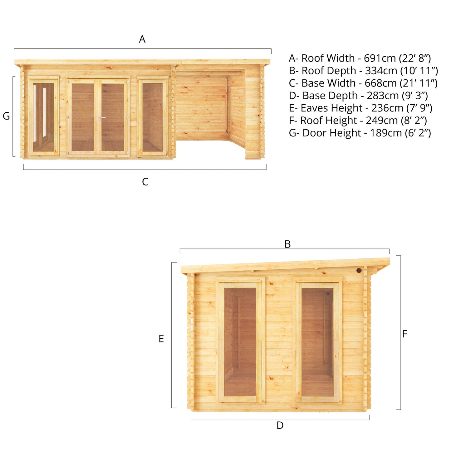 Mercia 7m x 3m Studio Pent Log Cabin With Patio Area - (28mm - 44mm Logs)