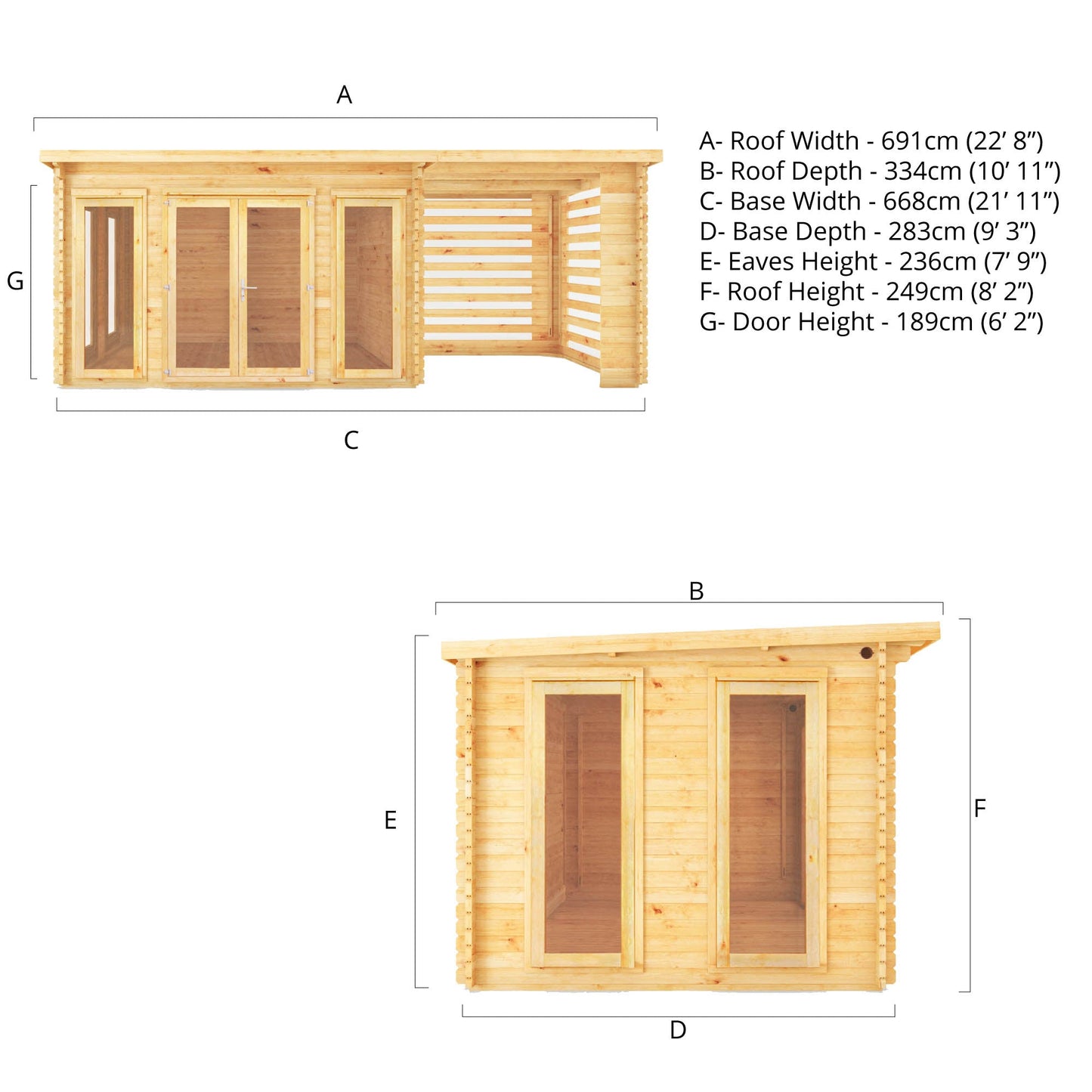 Mercia 7m x 3m Studio Pent Log Cabin With Slatted Area - (28mm - 44mm Logs)