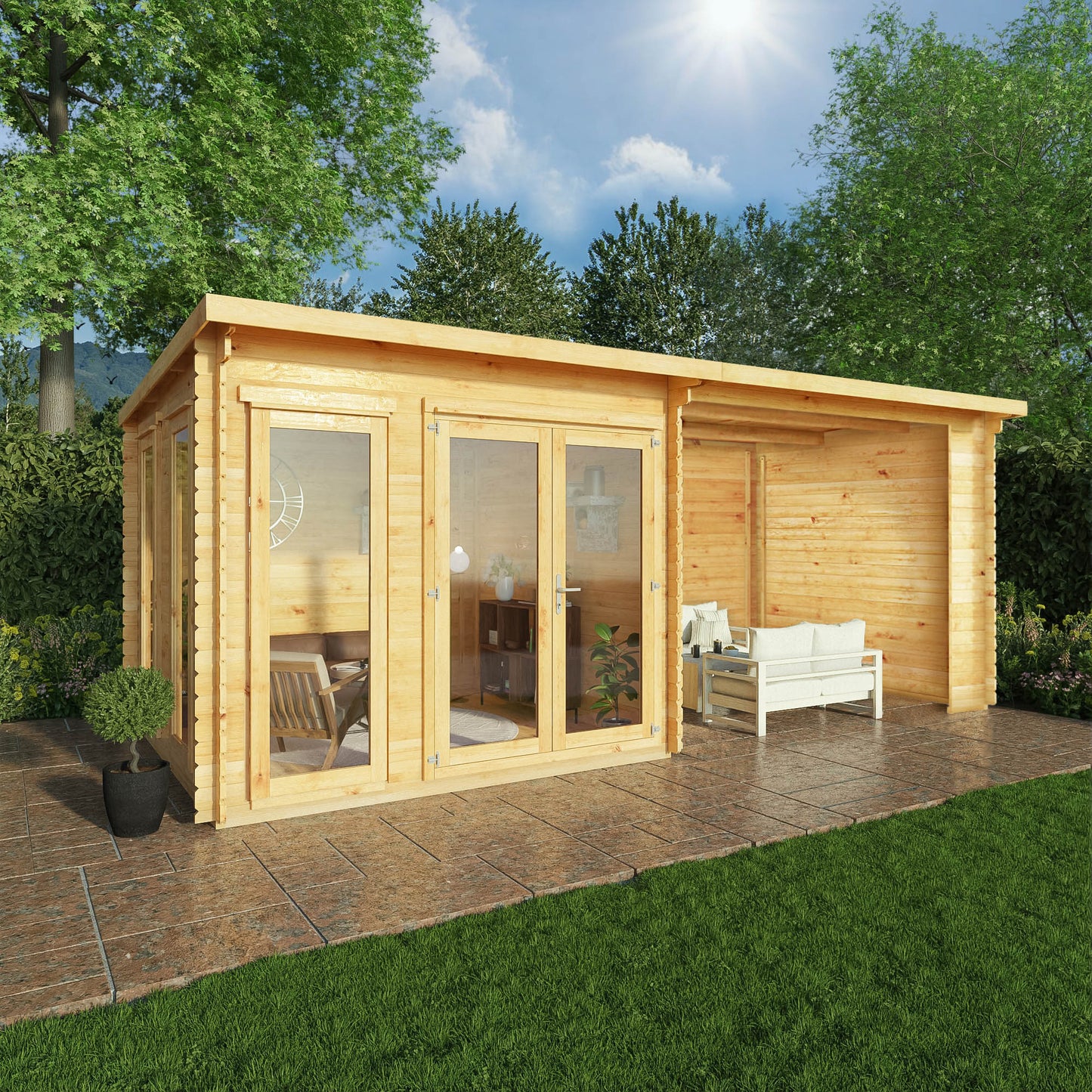 Mercia 6m x 3m Studio Pent Log Cabin With Patio Area - 34mm