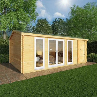 Mercia 6.1m x 4m Home Office Studio With Side Shed - 44mm (UPVC Windows & Door) - White