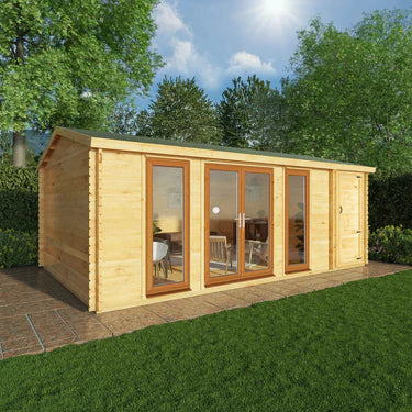 Mercia 6.1m x 4m Home Office Studio With Side Shed - 44mm (UPVC Windows & Door) - Oak