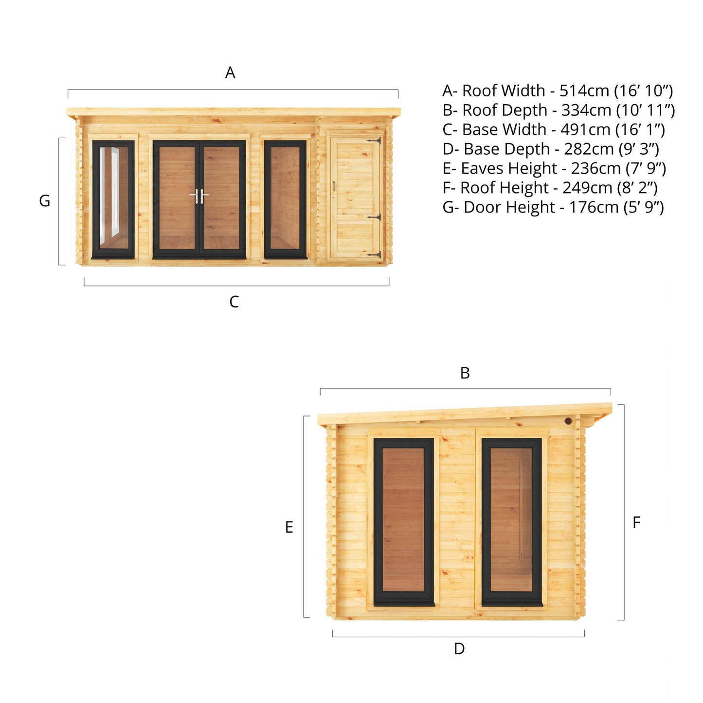 Mercia 5.1m x 3m Studio Pent Log Cabin With Side Shed - 44mm (UPVC Windows & Door) - Grey