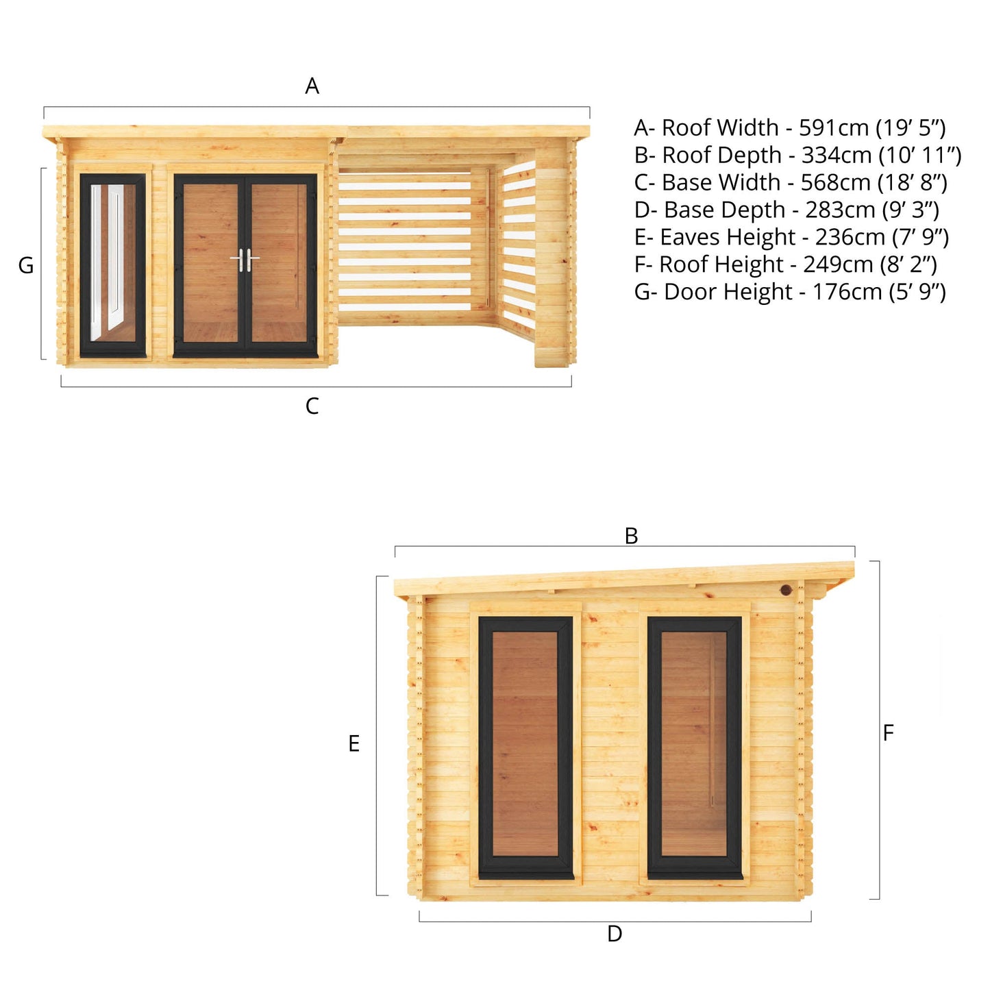 Mercia 6m x 3m Studio Pent Log Cabin With Slatted Area - 44mm (UPVC Windows & Door) - Grey