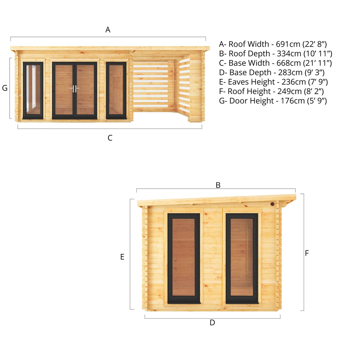 Mercia 7m x 3m Studio Pent Log Cabin With Slatted Area - 44mm (UPVC Windows & Door) - Grey