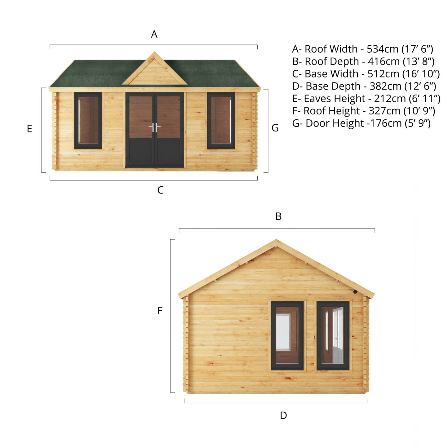Mercia 5.3m x 4m Clock Tower Log Cabin - 44mm (UPVC Windows & Door) - Grey