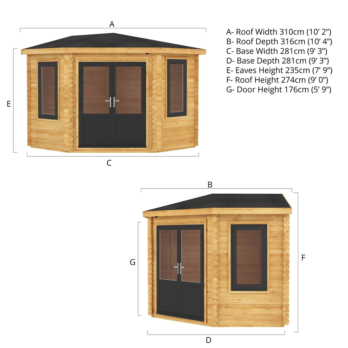 Mercia 3m x 3m Corner Cabin - 44mm (UPVC Windows & Door) - Grey