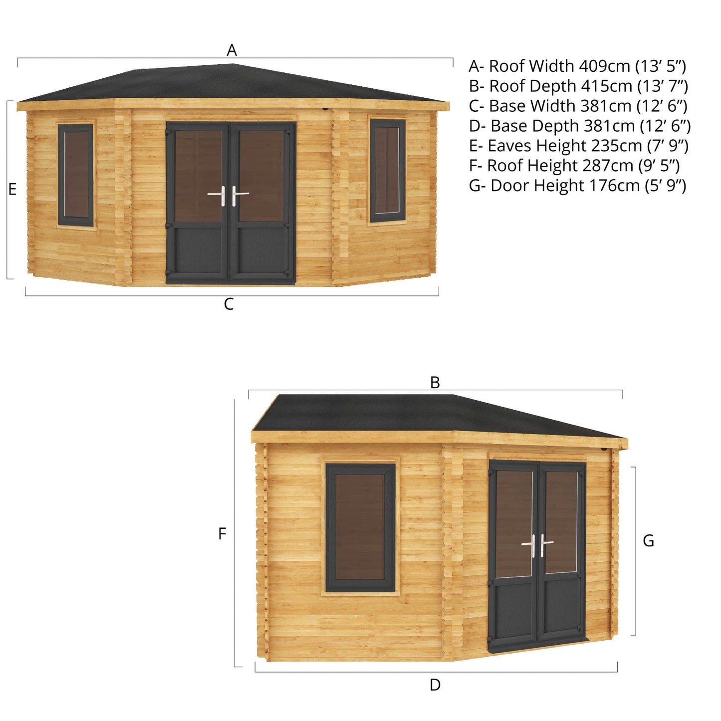 Mercia 4m x 4m Corner Cabin - 44mm (UPVC Windows & Door) - Grey