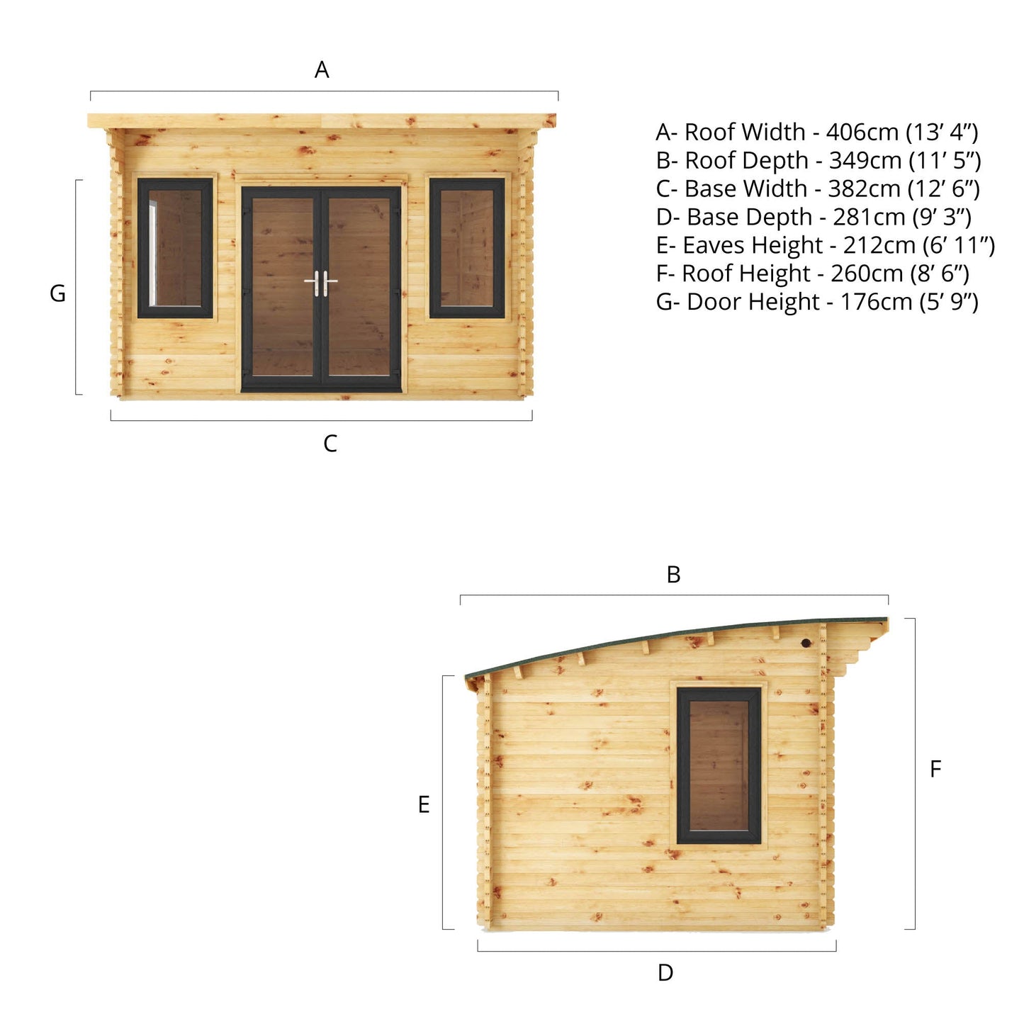 Mercia 4m x 3m Curved Roof Log Cabin - 44mm (UPVC Windows & Door) - Grey